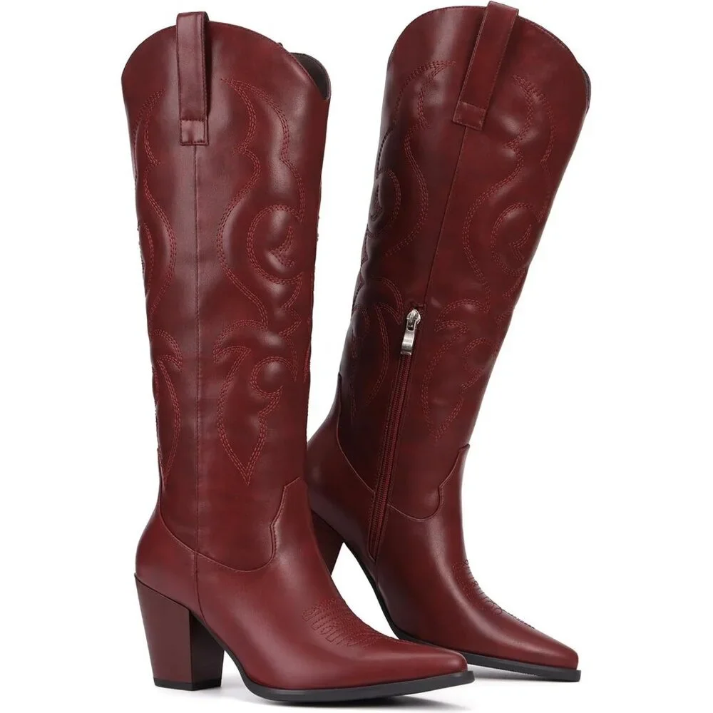 Women Burgundy Western Knee High Cowgirl Boots with Side Zipper Retro Pointed